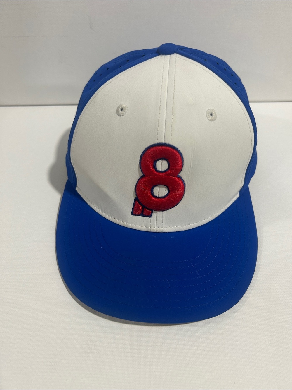 Blue and White Baseball Cap with Red '8' Embroidery